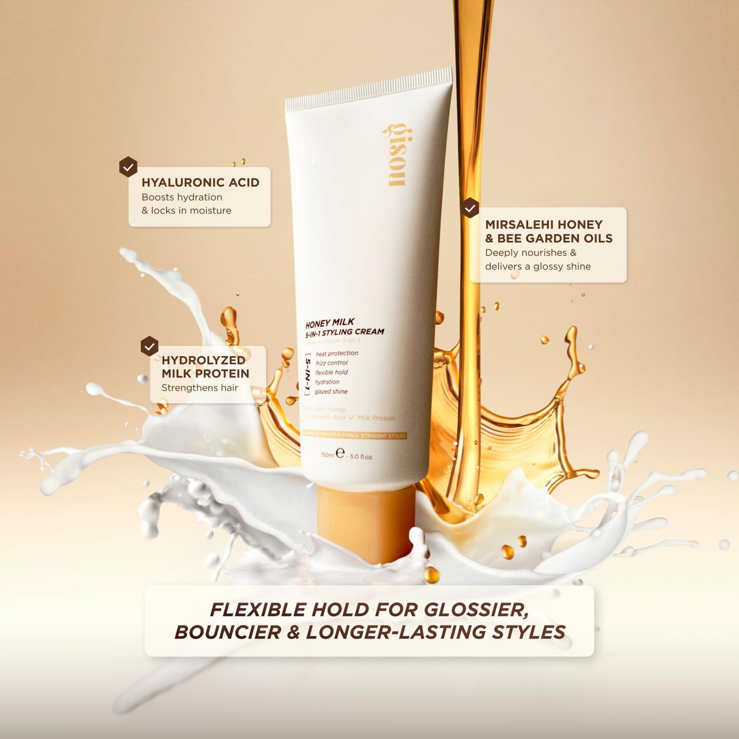 Gisou Honey Milk 5-in-1 Styling Cream - Heat Protection, Hydration, Frizz Control, Glazed Shine & Flexible Hold with Mirsalehi Honey & Hydrolyzed Milk Protein, 5.0 fl oz