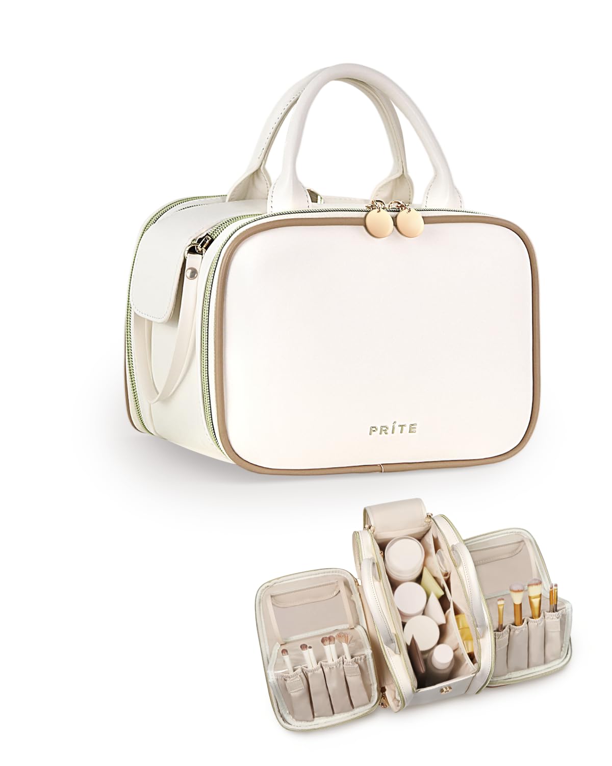 Prite Makeup Bag for Women, Large Capacity Waterproof Travel Cosmetic Organizer, Portable Open Flat Toiletry Bag with Free-standing Brush Holder and Handle(Beige Medium)