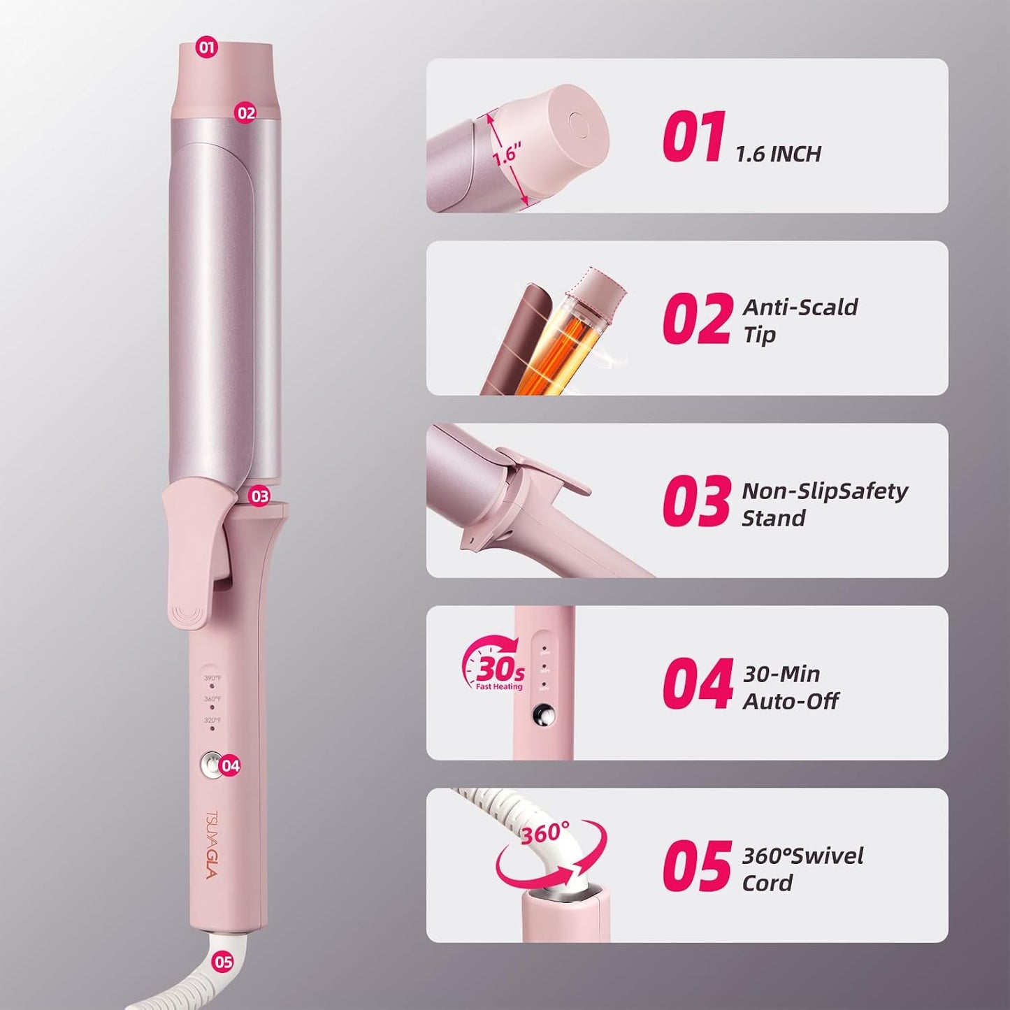 Large Hair Curling Wand - 1.6 Inch Ionic Ceramic Curling Iron with Auto Shut-Off & 3 Temp Settings | Pink