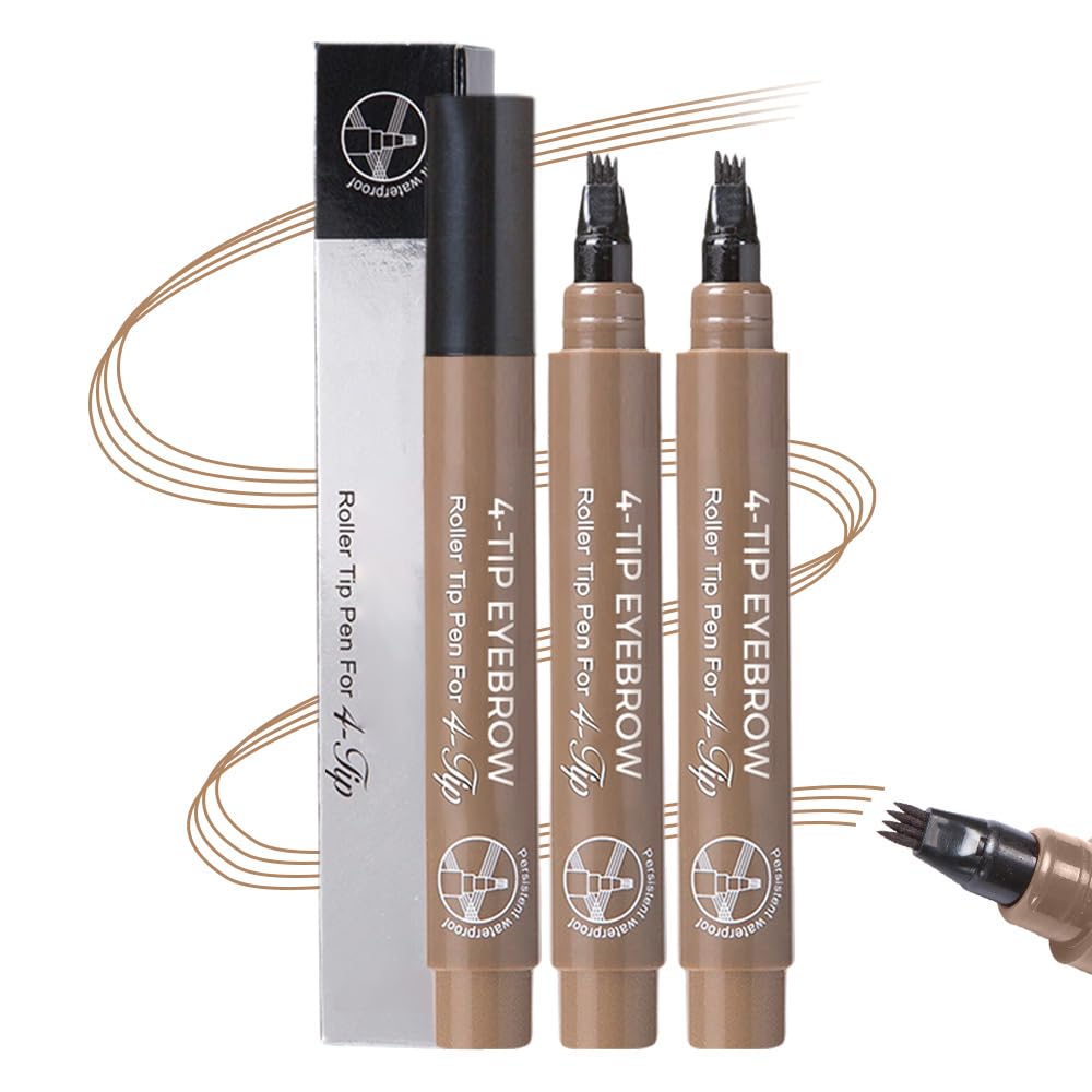 2PCS Microblading Eyebrow Pencils, 2026 Upgraded 4 Tipped 3D Waterproof Brow Pencil with Micro-Fork Tip Magic Eyebrow Contouring Pencil Brush for Women Natural Makeup (Light Brown)
