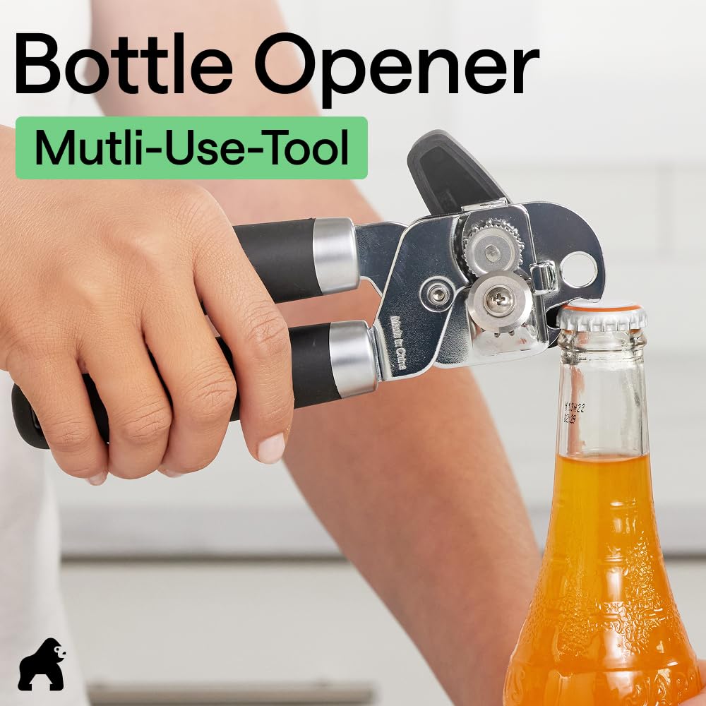 GORILLA GRIP Heavy Duty Stainless Steel Smooth Edge Manual Can Opener and Bottle Openers, US Designed, Comfortable Handle, Oversized Handheld Turn Knob, Multifunctional Kitchen Tool, Black