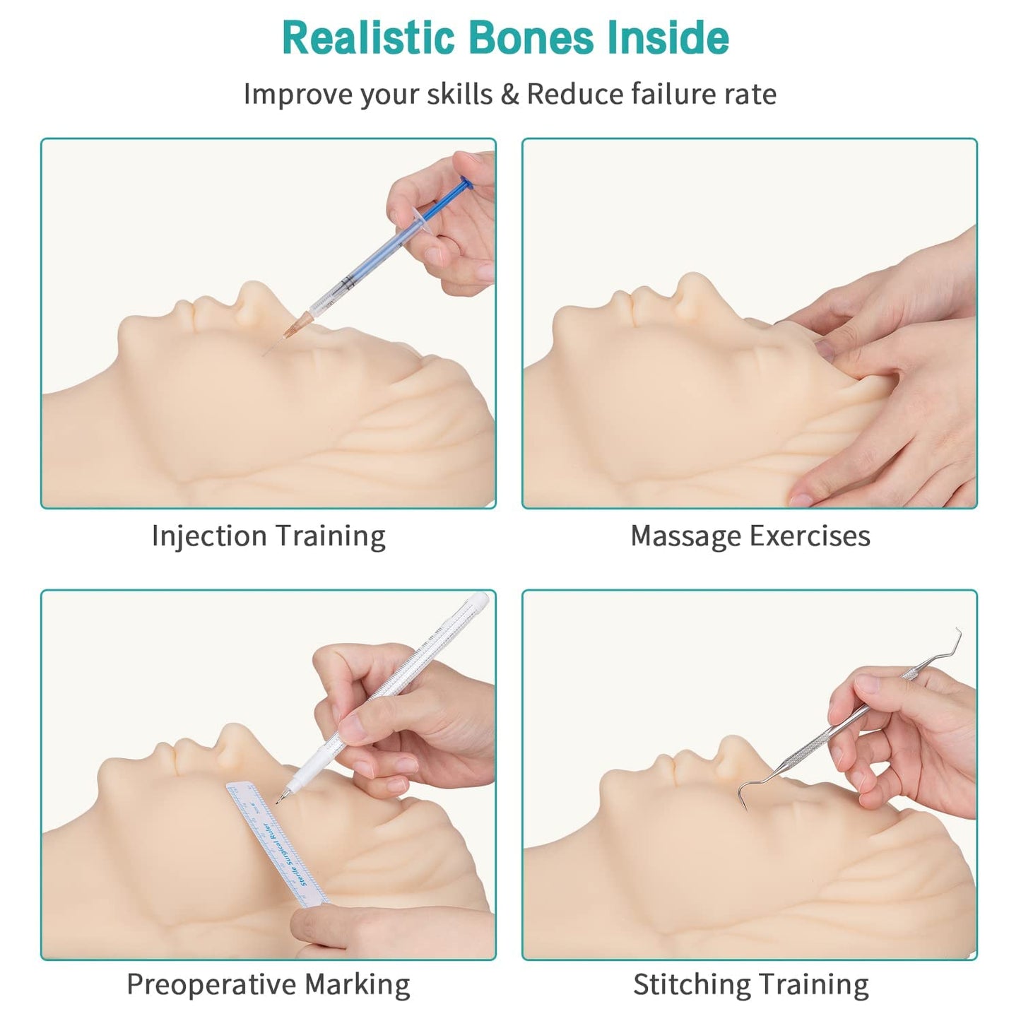 LVCHEN Injection Training Silicone Mannequin Head - Full Soft Silicone with Bones Inside Human Face Facial Skin Practice Model Training Practice for Micro-Plastic Suture Jewelry Display Makeup