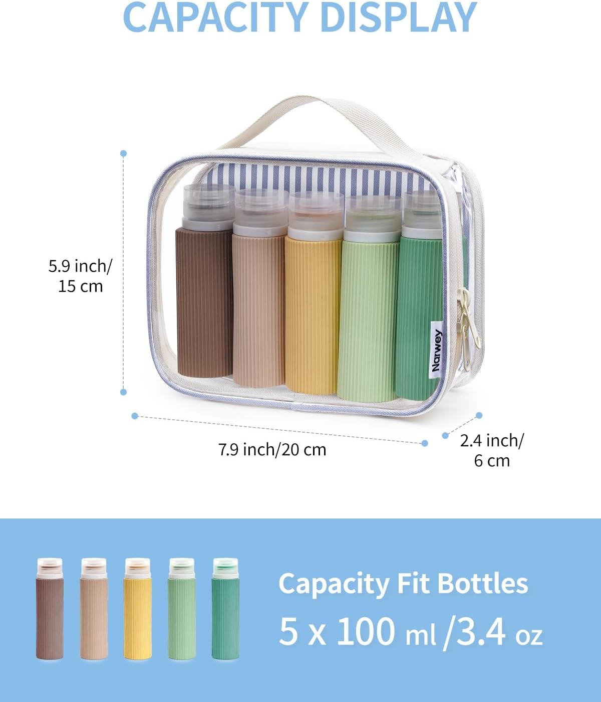Clear Toiletry Bag - TSA Approved Waterproof PVC Makeup Organizer | Compact Quart Size (Greyish Blue Stripe)