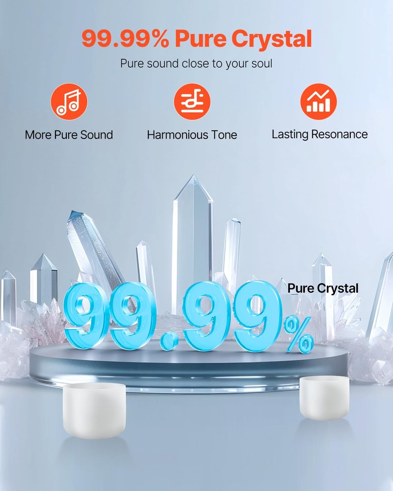 VEVOR Crystal Singing Bowl, 8-inch F Note Heart Chakra Singing Bowl, Frosted Quartz with Rubber Mallet and O-Ring, Perfect for Meditation, Yoga, Sound Baths, Sound Healing