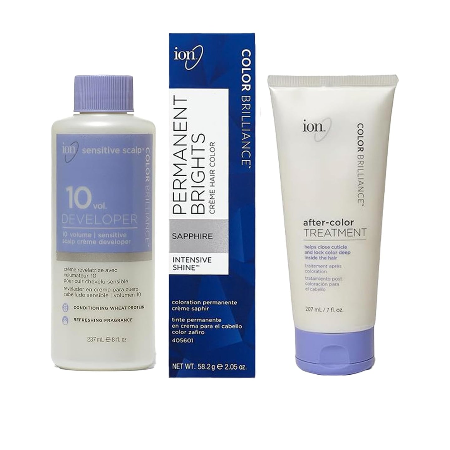 Brights Hair Color Kit - Permanent Sapphire Creme Color with Sensitive Scalp Developer & After Treatment | 2.05 oz + 8 oz + 7 fl oz