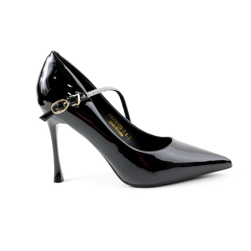 Elegant Crystal-Strap Stiletto Heels, Patent Leather Pointed-Toe Pumps with Gold Accent & Pearl-Embellished Buckle, Chic High Heels for Evening, Office, or Special Occasions (Black, US Footwear Size System, Adult, Women, Numeric, Medium, 5)