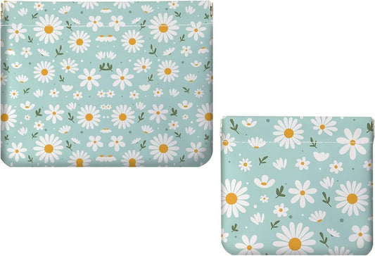 Small Makeup Bag Set - 2 PCS PU Leather Cosmetic Organizer | Portable Self-Closing Pouch for Travel - White Flower Design