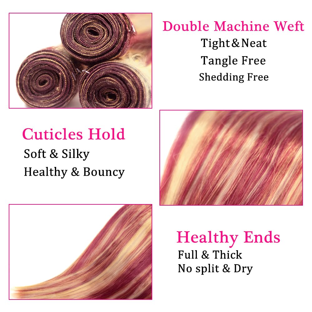 Highlight Straight Bundles 99J Bundles Human Hair 18 20 22 Inch Unprocessed Brazilian Virgin Ombre Bundles 2 Tone Burgundy Mixed With 613 Blonde Bundles Hair Weave 300g