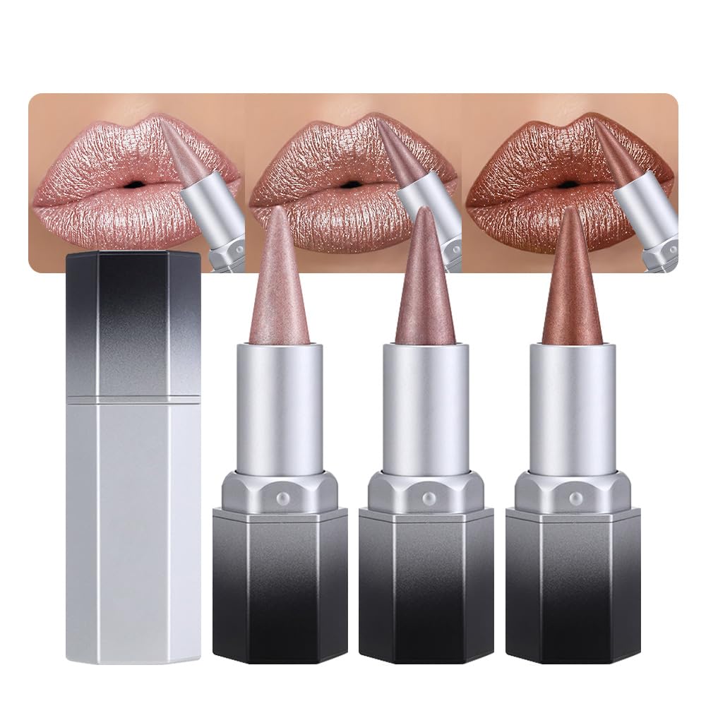 3Pcs Pink Nude Metallic Lip Liner & Lipstick Combo - Long Lasting, Waterproof, Hydrating Makeup