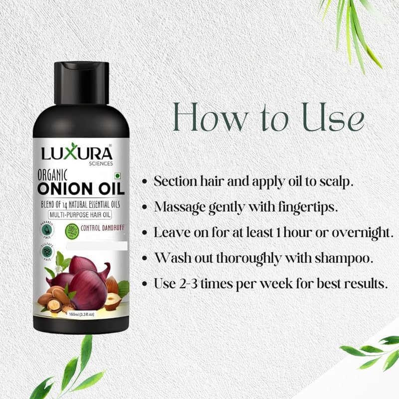 Luxura Sciences Organic Onion Hair Oil 3.38 Fl Oz - Controls Hair Loss & Dandruff, Supports Growth, Sulfate-Free