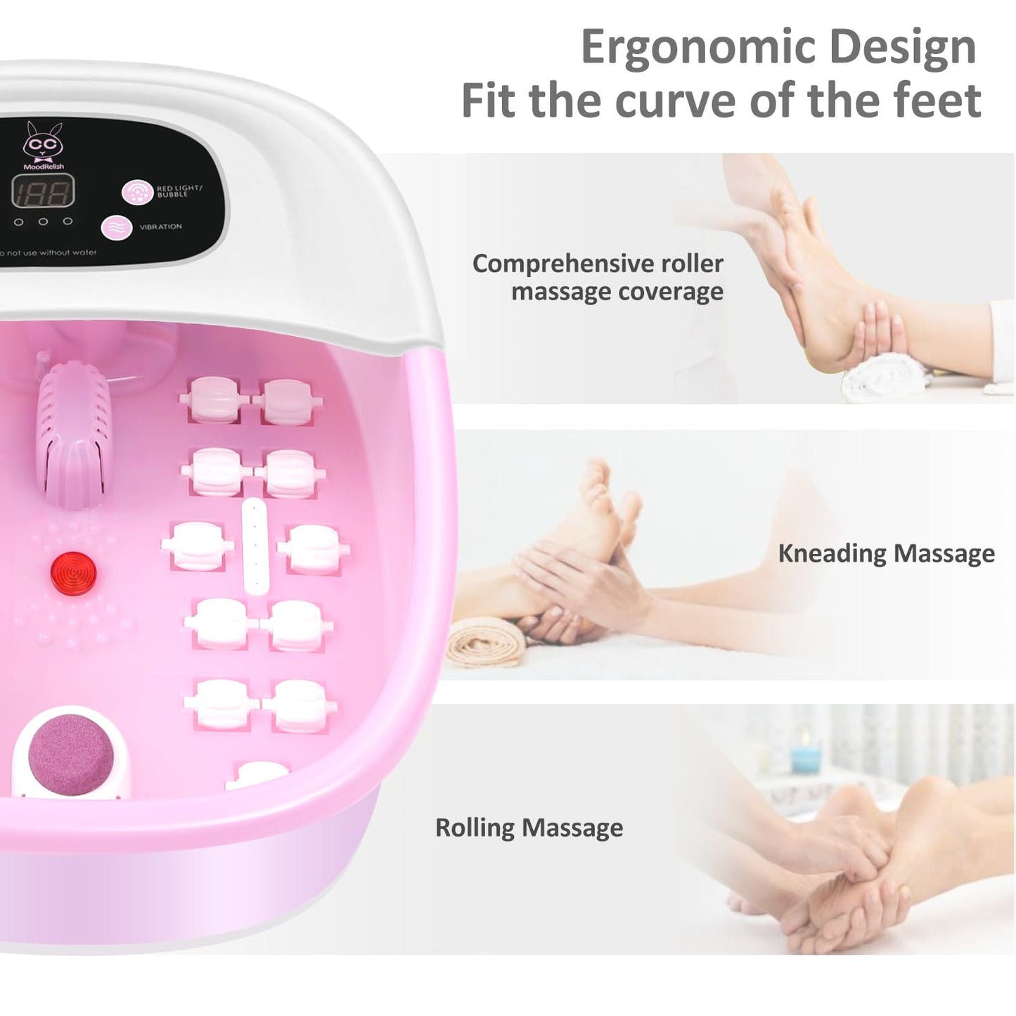 Foot Spa Bath Massager with Heat & Vibration | 22 Massage Rollers, Calming Lavender Epsom Salt, Adjustable Temp - Pink