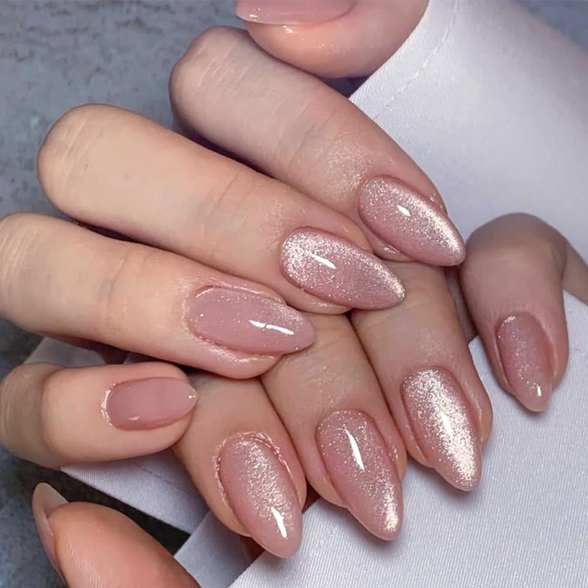 Press On Nails Almond - Medium Aurora Design Full Cover Fake Nails | 24 Pcs White Stick-On for Women