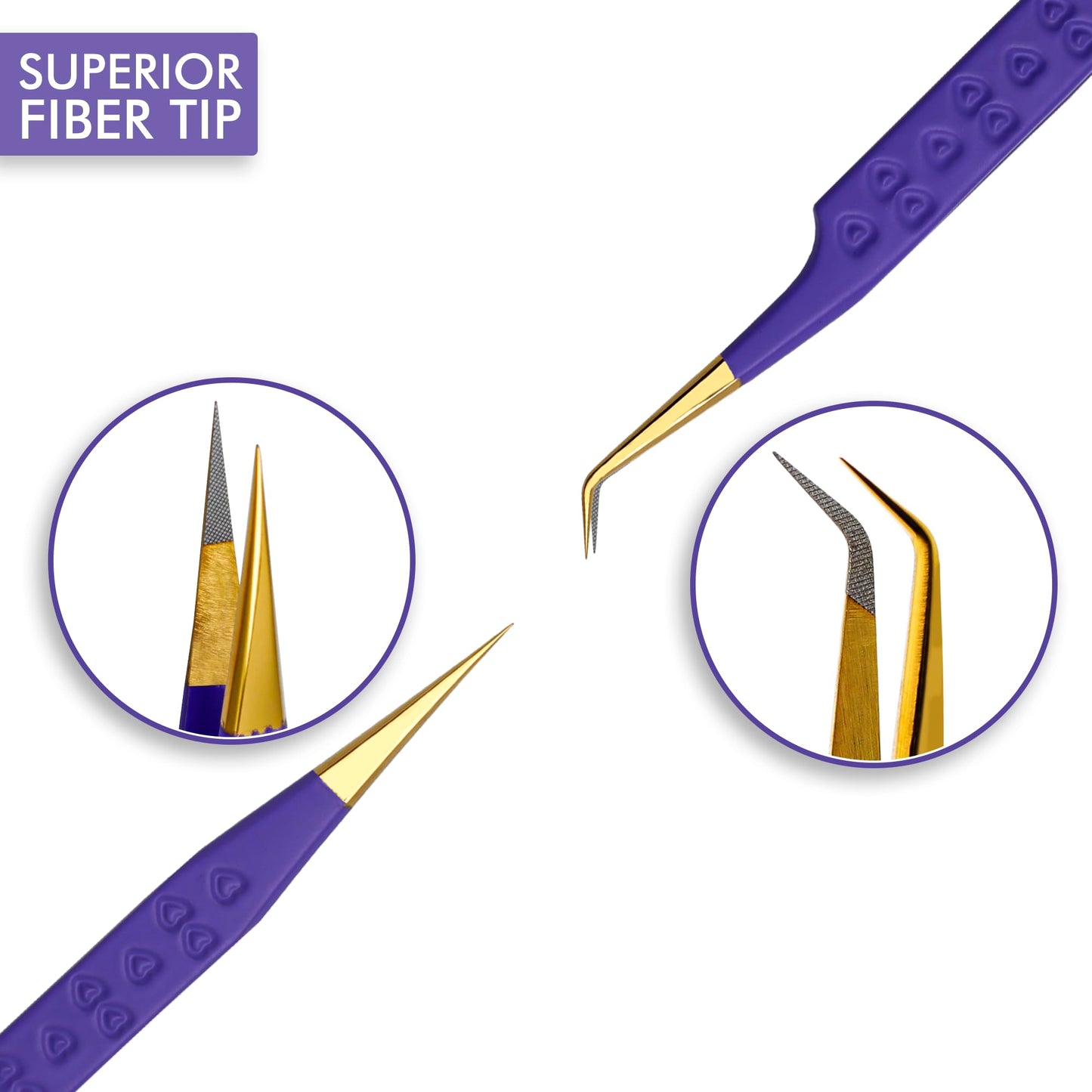 Precision Eyelash Extension Tweezers, Straight And 45-Degree, with Fiber Tip, Volume & Isolation Tweezers, Japanese Stainless Steel, Unique Heart Design (Purple Color)