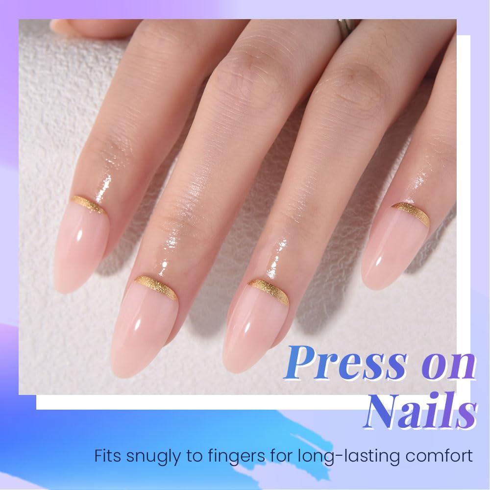 Nude Pink French Press-On Nails - Short Almond Shape | Reusable Soft Gel with Gold Foil Design