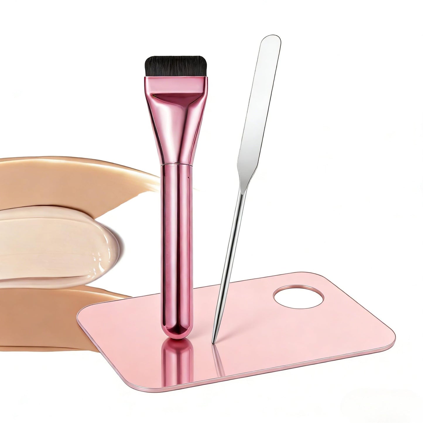 Foundation Makeup Brush with Mixing Palette and Spatula, 3-Piece Cosmetic Tool Set, Pink
