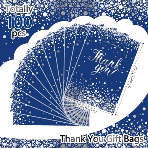 Pajean 100 Pcs Blue & Silver Thank You Gift Bags with Handles