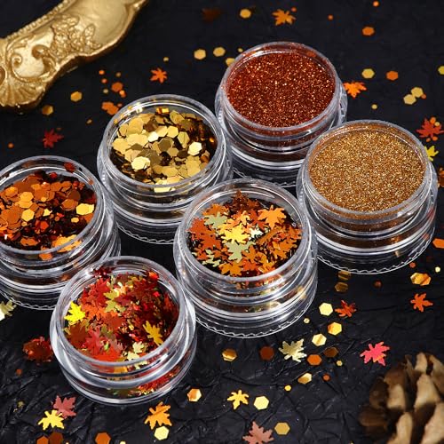 LPOODDNU Fall Gold Nail Art Glitters 6 Jars Autumn Leaves Nail Decorations