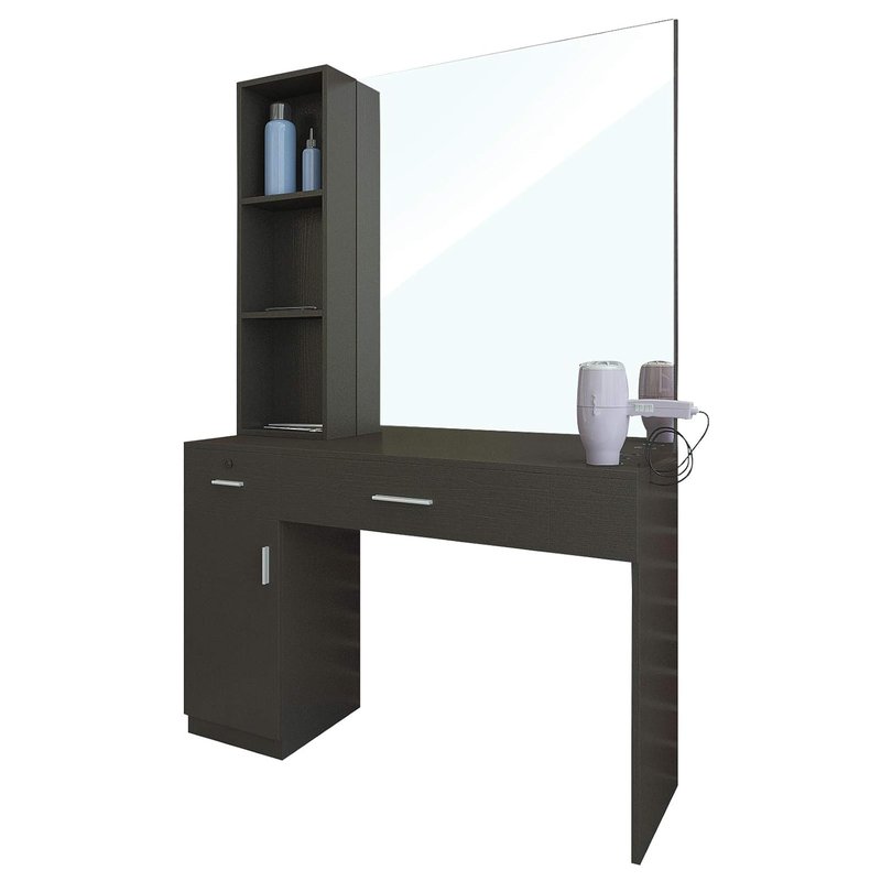 Wall Mount Barber Station - Stylish Salon Equipment with Mirror & Left Shelf - Black Finish