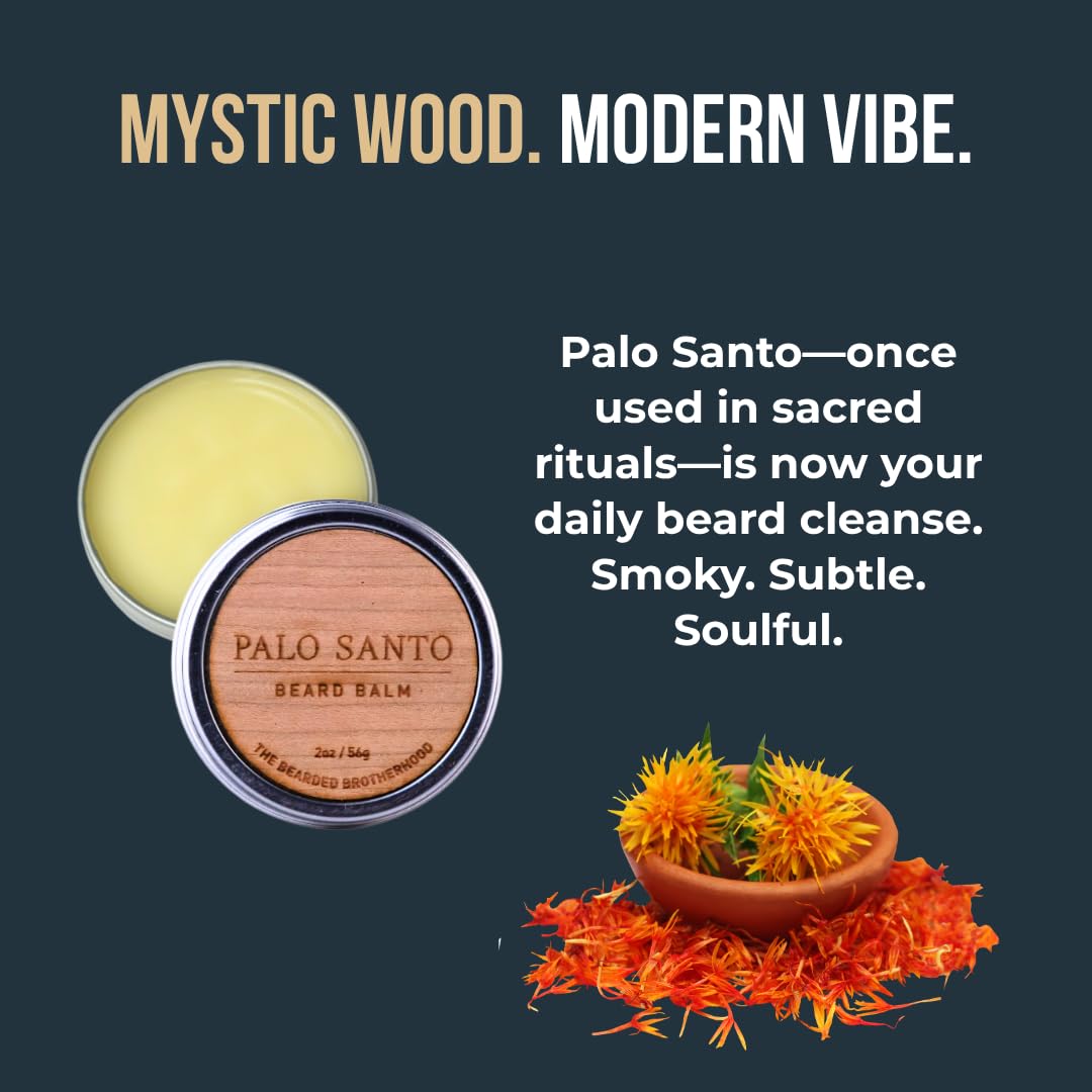 The Bearded Brotherhood TBB Palo Santo Beard Balm for Men | Natural Beard Conditioner and Styler with Shea Butter, Jojoba Oil, Argan Oil | Sweet Woodsy Scent | Handcrafted in Texas | 2 oz
