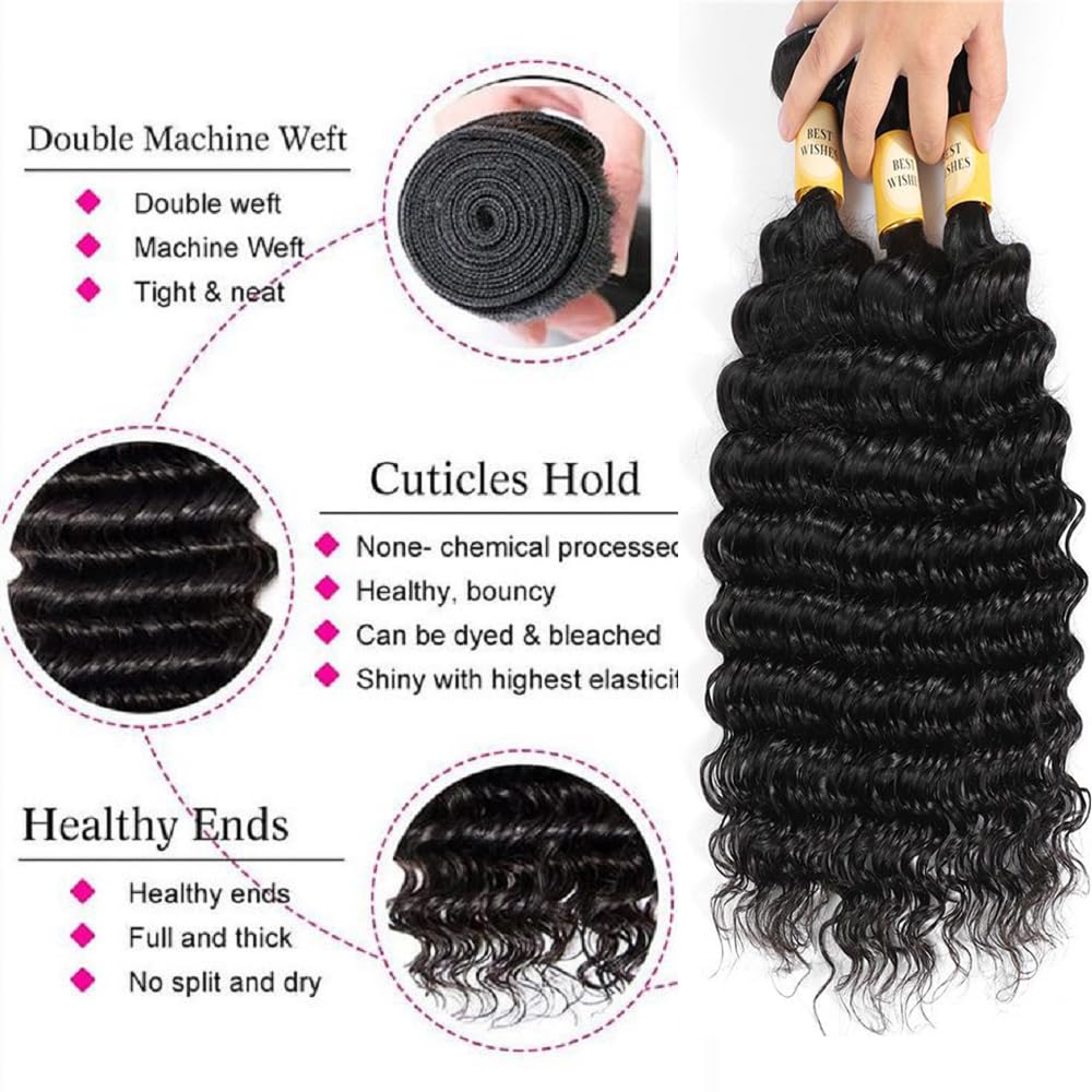 Deep Wave Human Hair Bundles 12 14 16 Inch Curly Bundles Human Hair Weave 100% Unprocessed Brazilian Virgin Remy Hair Wet and Wavy Hair Extensions for Women Natural Black Raw Weft