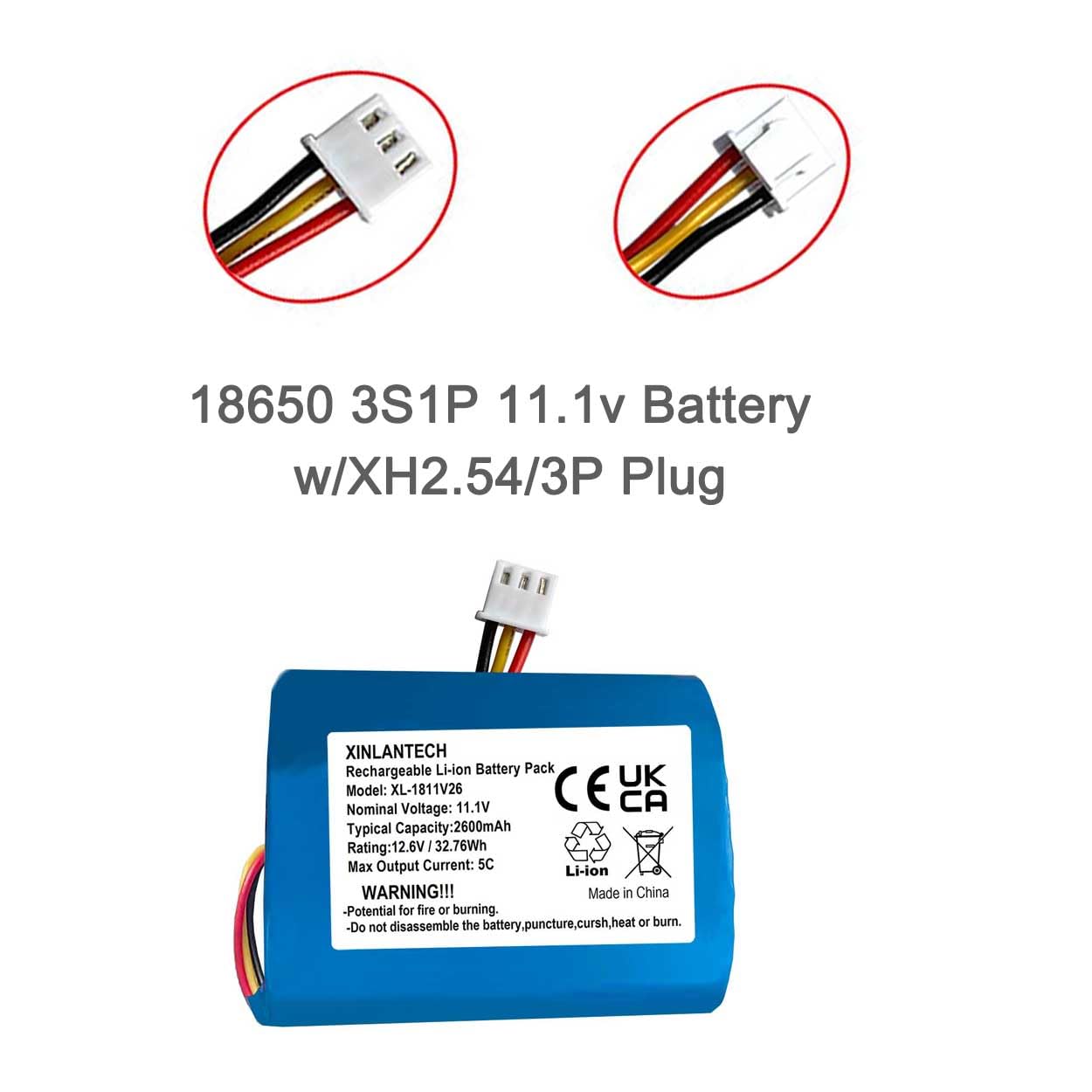 AOLIKES 11.1v 18650 3s1p 2600mAh Rechargeable Battery Pack with XH2.54/3P Plug Connector /5C Cells/Supports Fast Charging / 12.6V Li-ion Batteries