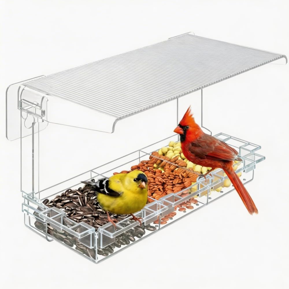 Window Bird Feeder，Clear Window Bird Feeder Outdoors - Bird Feeder for Viewing with 5 Perching Stands, Wavy roof, Self-Adhesive Hooks, Drain Holes and Removable Tray, as a Birdhouse, Garden Decor