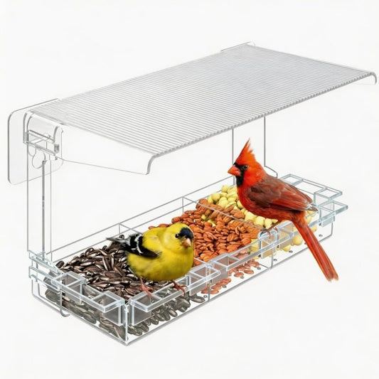 Window Bird Feeder，Clear Window Bird Feeder Outdoors - Bird Feeder for Viewing with 5 Perching Stands, Wavy roof, Self-Adhesive Hooks, Drain Holes and Removable Tray, as a Birdhouse, Garden Decor