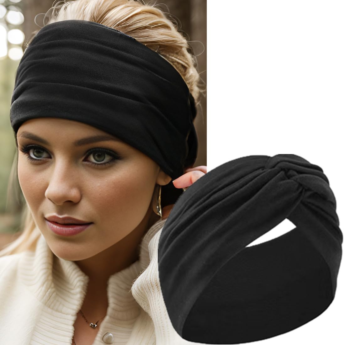 Extra Wide Headbands for Women - 7" Large Cotton Turban Knotted Bandana | 3Pcs White & 3Pcs Black