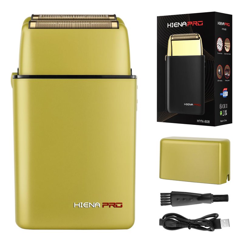HIENA PRO Foil Shaver for Men Barber, Double Electric Foil Trimmer, Professional Electric Razor, Close Shaver, Cordless Rechargeable with USB, Yellow