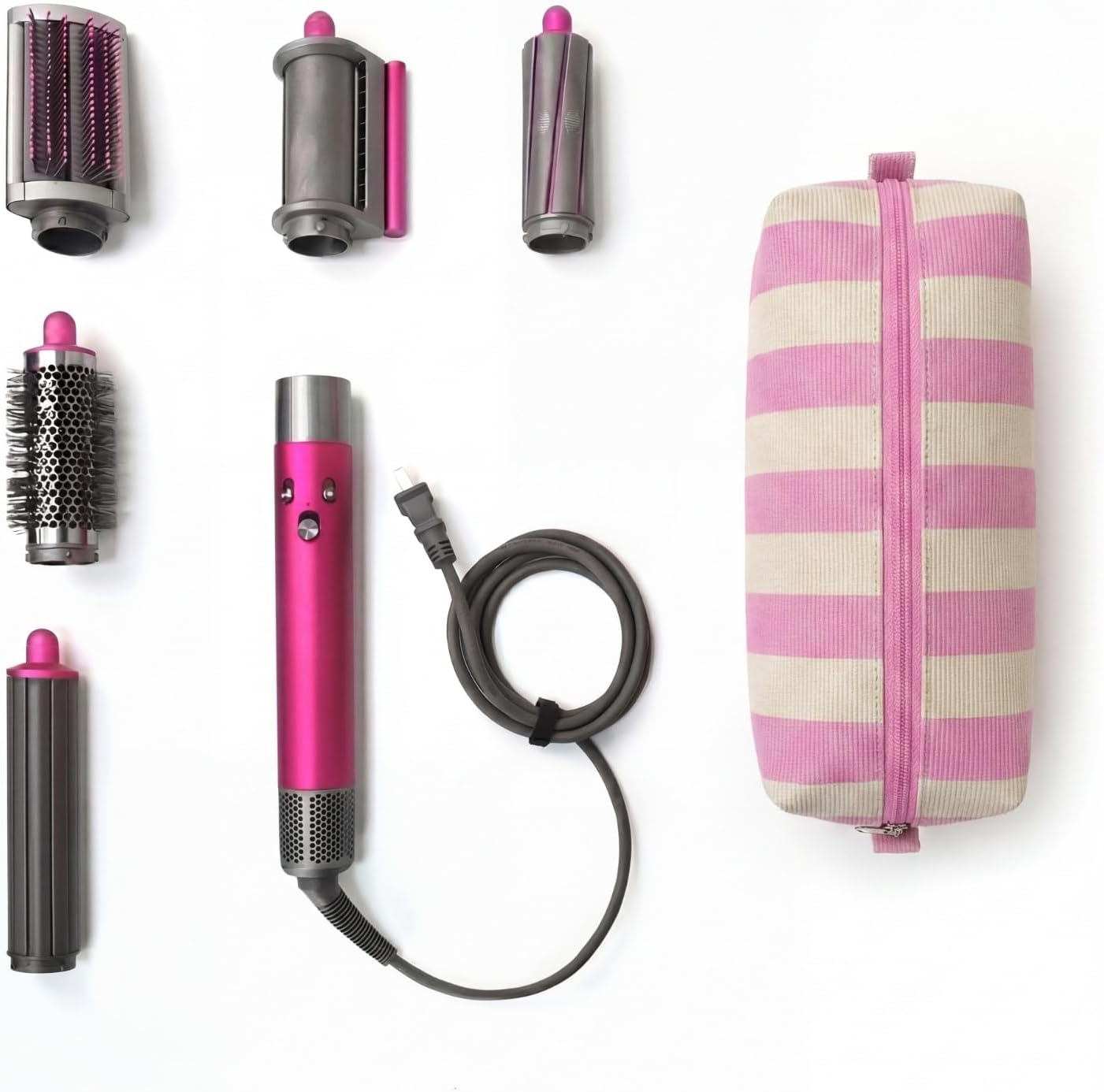 Striped Hair Tools Travel Bag - Corduroy Organizer for Hair Dryer & Flat Iron | Aesthetic Foldable Design (Pink & Beige)