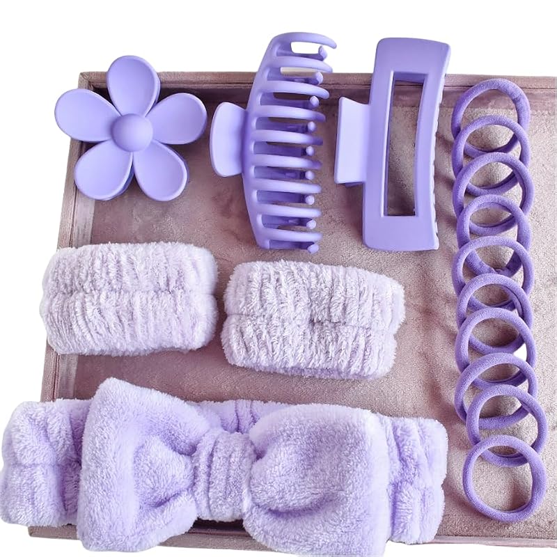 16-Piece Skincare Headband Set for Spa and Makeup - Purple