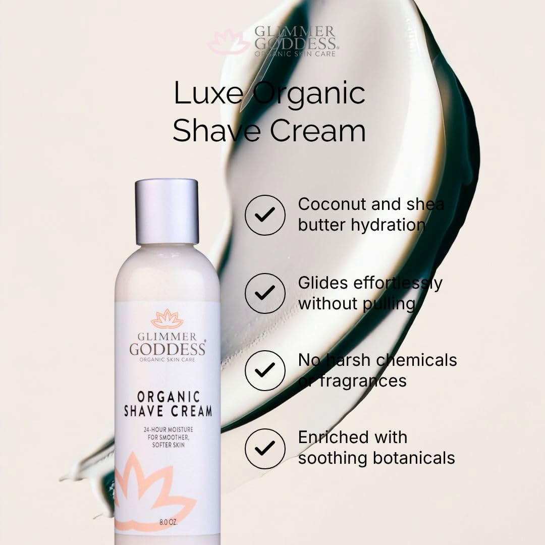 Glimmer Goddess Organic Shave Cream, Unscented, For Sensitive Skin, With Coconut Oil, Shea Butter, Aloe Vera