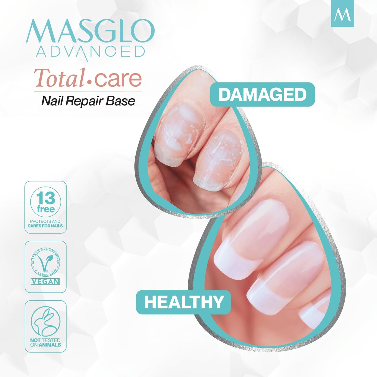 MASGLO Nail Strengthener - Advanced Post Gel Damage Recovery Treatment with Tea Tree Oil & Vitamins | 13-Free Vegan, Fast-Dry, Nude Tone