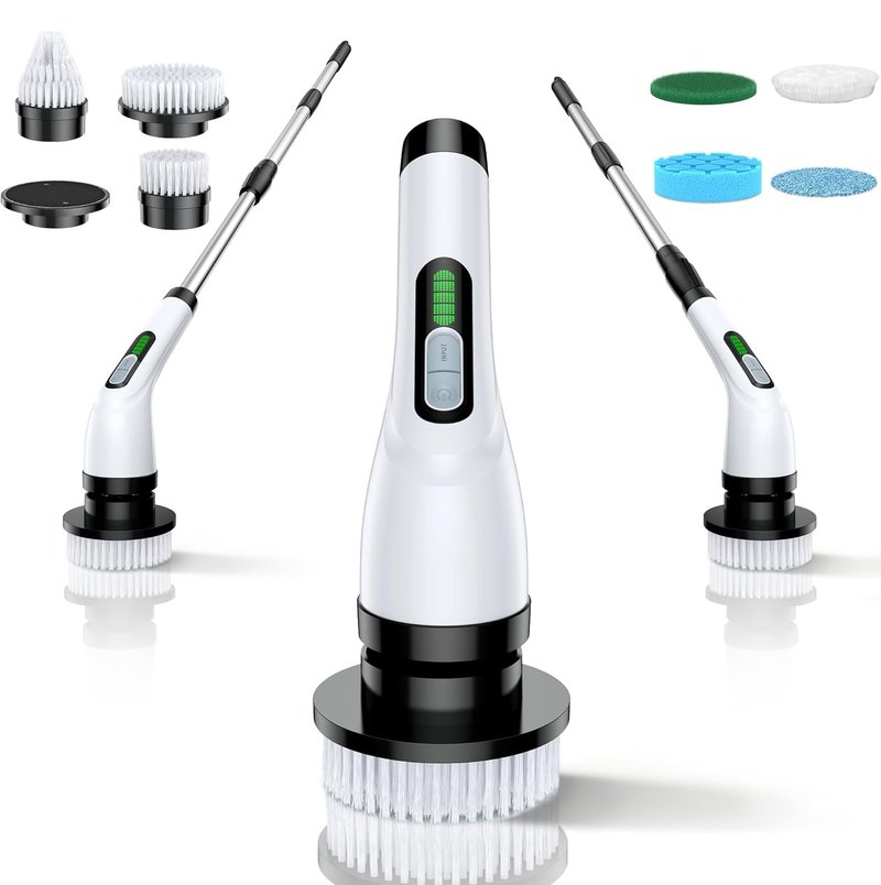 Electric Spin Scrubber for Bathroom: Shower Scrubber with Long Handle, Dual Speed Cordless Power Cleaning Scrub, 7 Brush Heads, IPX7 Waterproof Heavy Duty Cleaner Tools for Tub Tile Grout Wall