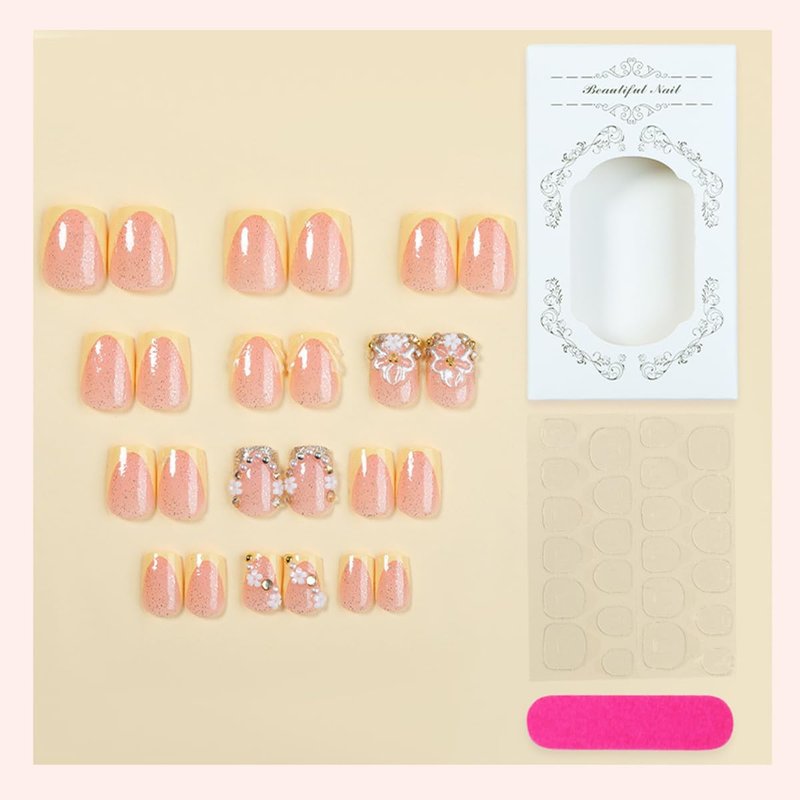 3D Flower Press On Nails - Short Square French Tip Fake Nails | Nude Pink Glitter with Gold Pearl & Rhinestone Design