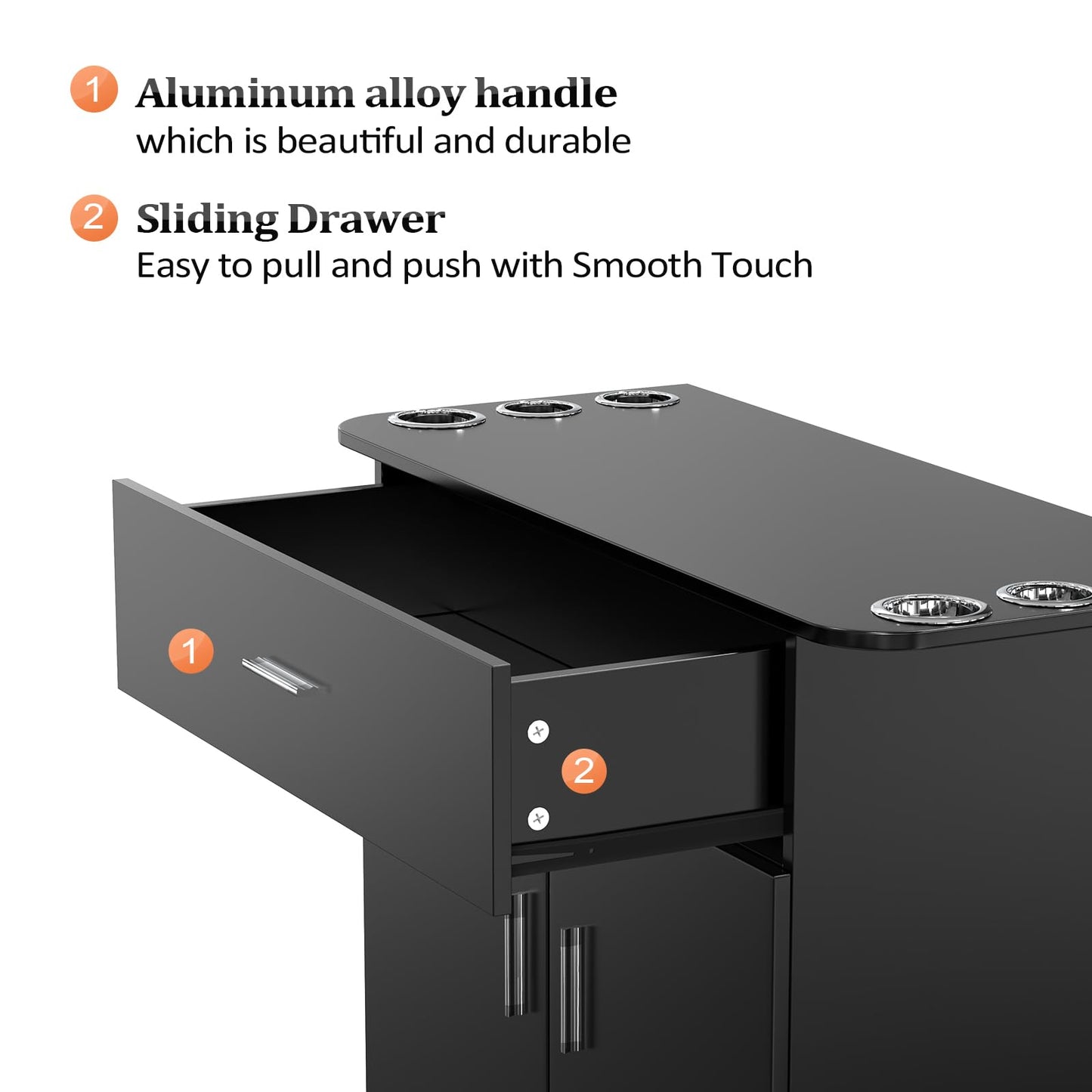 OmySalon Salon Station Barber Storage Cabinet, Free Standing Beauty Hair Stations, Beauty Salon Spa Equipment Hair Styling Utility Unit with 1 Drawers, 1 Storage Cabinet, 6 Hair Dryer Holders, Black