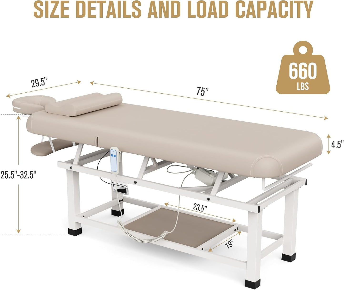 Heavy Duty Electric Massage Table - Adjustable Backrest & Storage Space | 30 x 75 Inches - Beige Gray