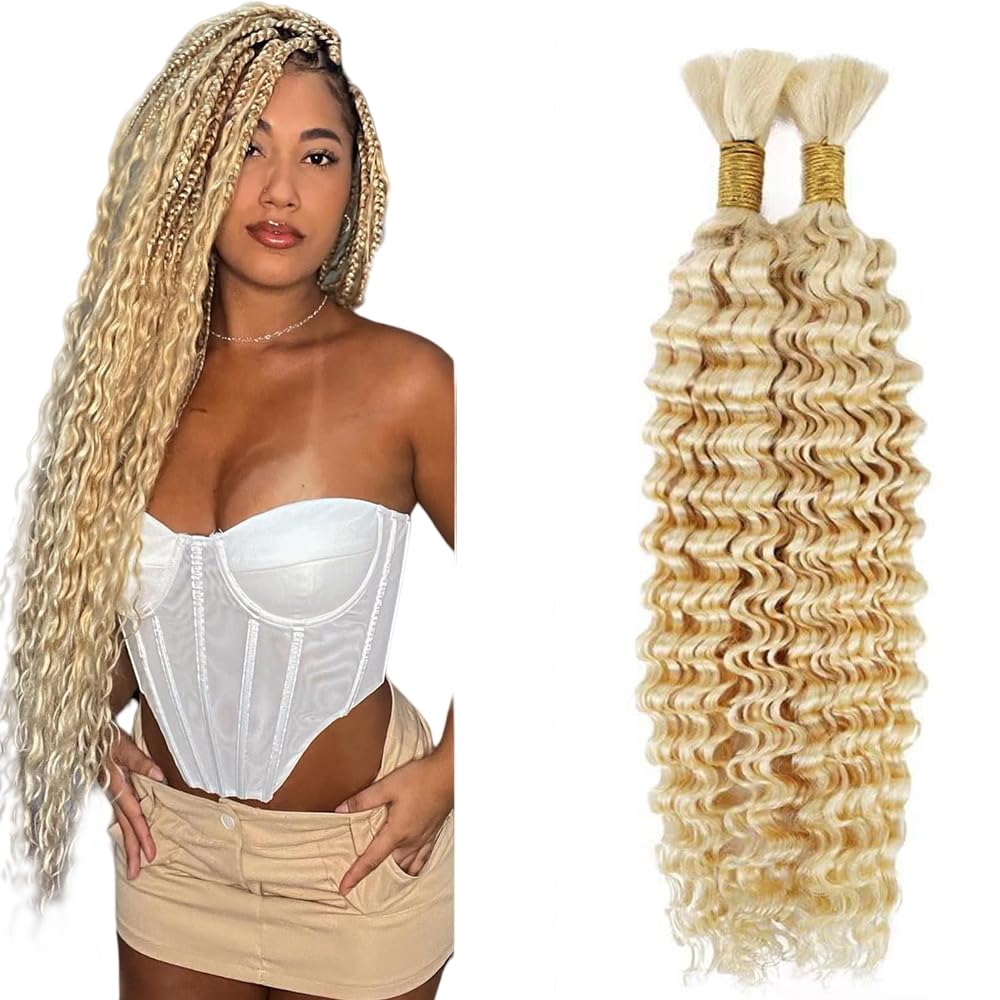 LadrXadr 613 Boho Human Hair Braiding 613 Human Boho Hair Blonde Deep Wave Braiding Color 613 Deep Curly Wave Braids Color 613 Blonde Braids 14 14 Inch 100g