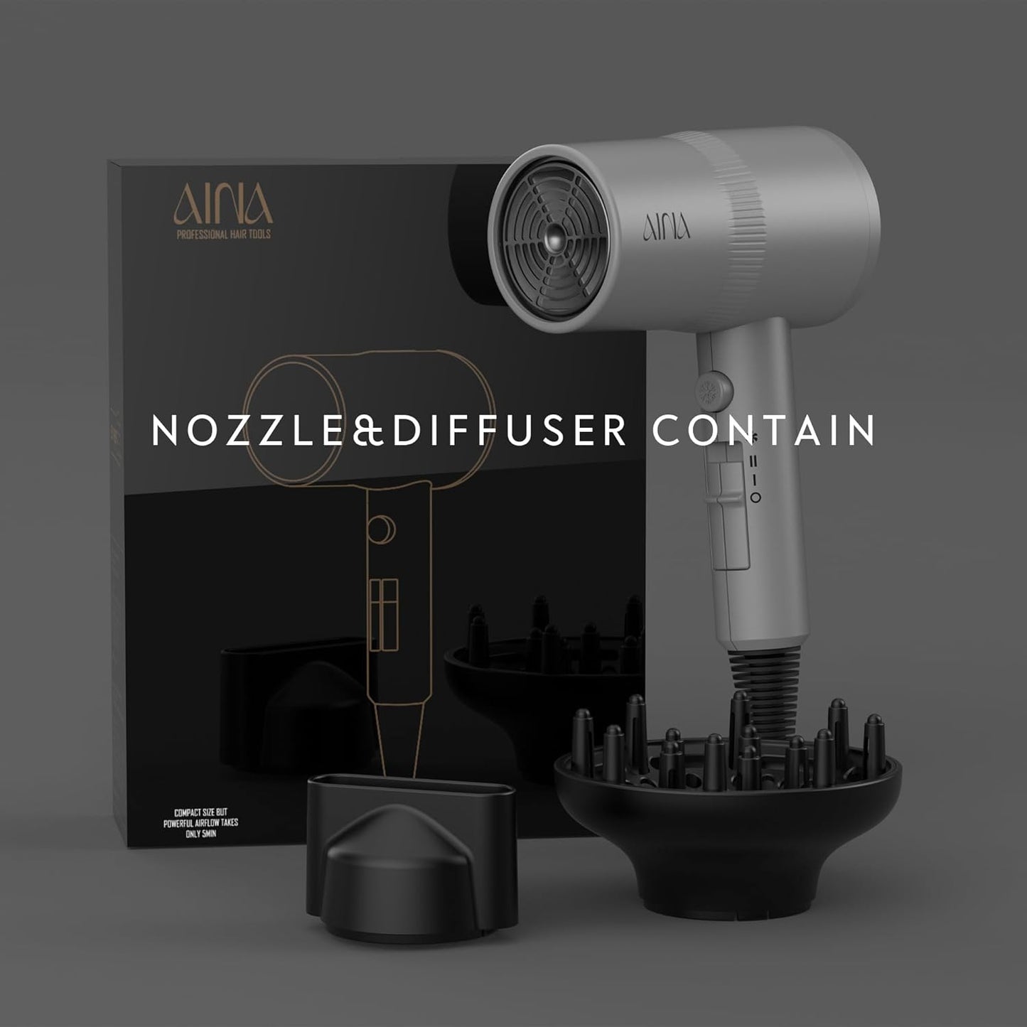 AINA Hair Dryer with Diffuser - Advanced Ionic Technology & Ceramic Coating | Fast Drying & Shine 110V/Ash Grey