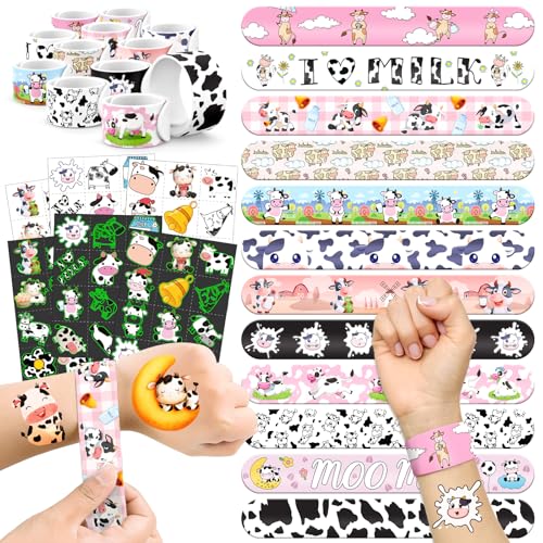 Cow Party Favors Set with 72 Temporary Tattoos & 24 Slap Bracelets for Kids, Farm Birthday & Classroom Rewards – Cow Variation
