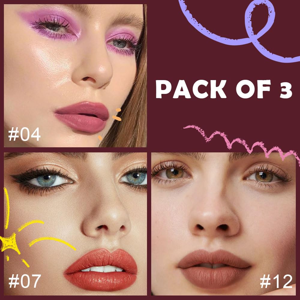 HHLTOH 3Pcs 2-in-1 Lip Liner and Lipstick Set for Women, Nude Brown Rose Gold Matte & Metallic Shimmer Lip Kit, Long-Lasting Waterproof Non-Drying Lipstick for Mature Skin, Vegan & Cruelty-Free