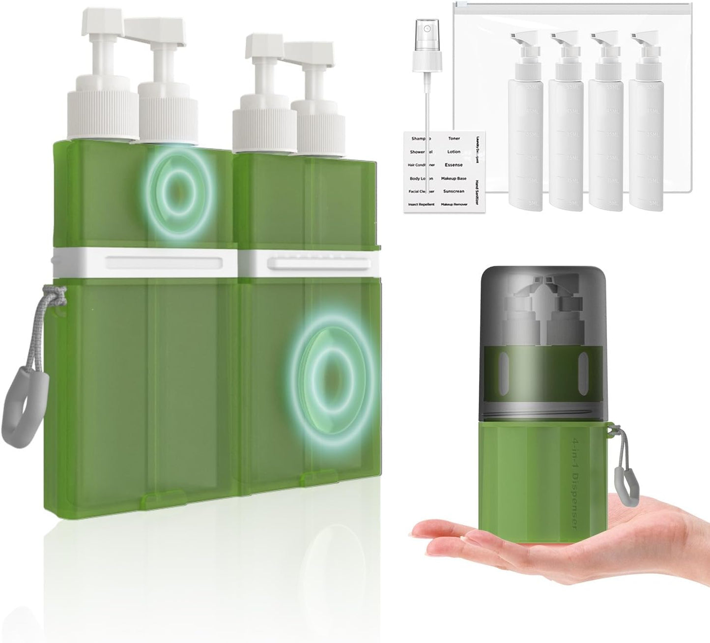 Travel Toiletry Containers - TSA Approved 4-in-1 Refillable Bottles Set with Suction Cup | Grey