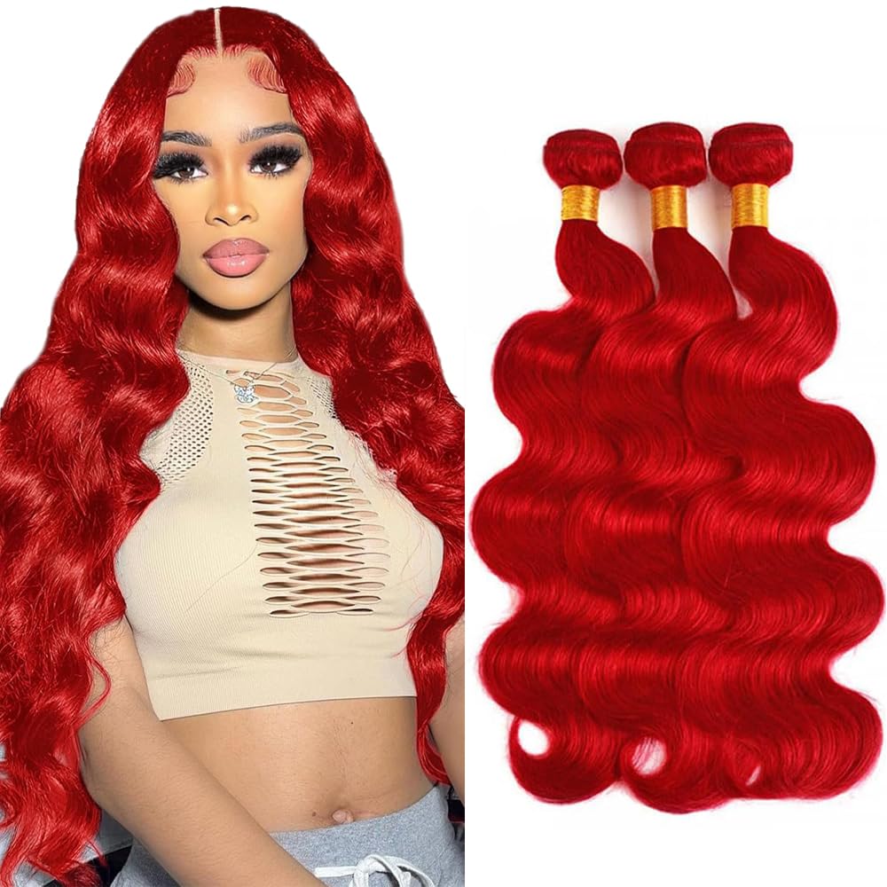 28 30 32 Inch Red Human Hair Bundles Fire Red Body Wave Bundles Brazilian Virgin Remy Hair 3 Bundles/150g Soft And Shiny Burgundy Hair Weave