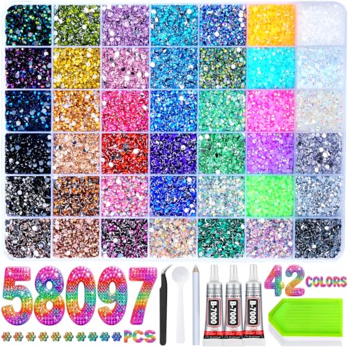 42-Color Rhinestone Bedazzling Kit with 58000 Pcs 3mm Flatback Gems & Jewelry Glue
