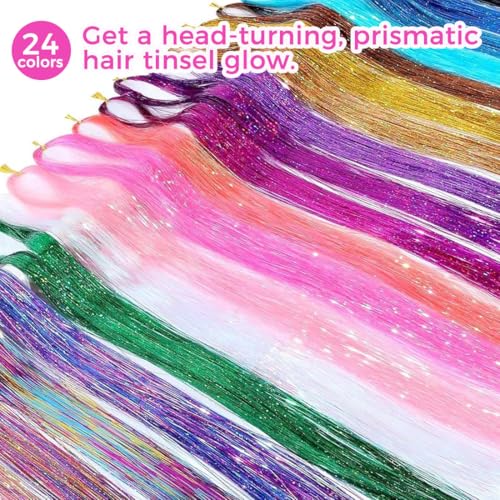 Hair Tinsel Kit with Tools, 24 Colors Fairy Hair Extensions, 9000+ Strands