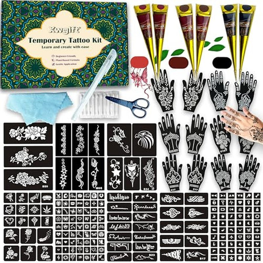 191 Pcs Temporary Tattoo Stencils Kit with 6 Tattoo Cones (2 Black, 2 Brown, 2 Dark Red), White Tattoo Outline Pen, Cotton Swabs & Towel | Perfect for Adults, Teens, Beginners, Family Fun & Parties