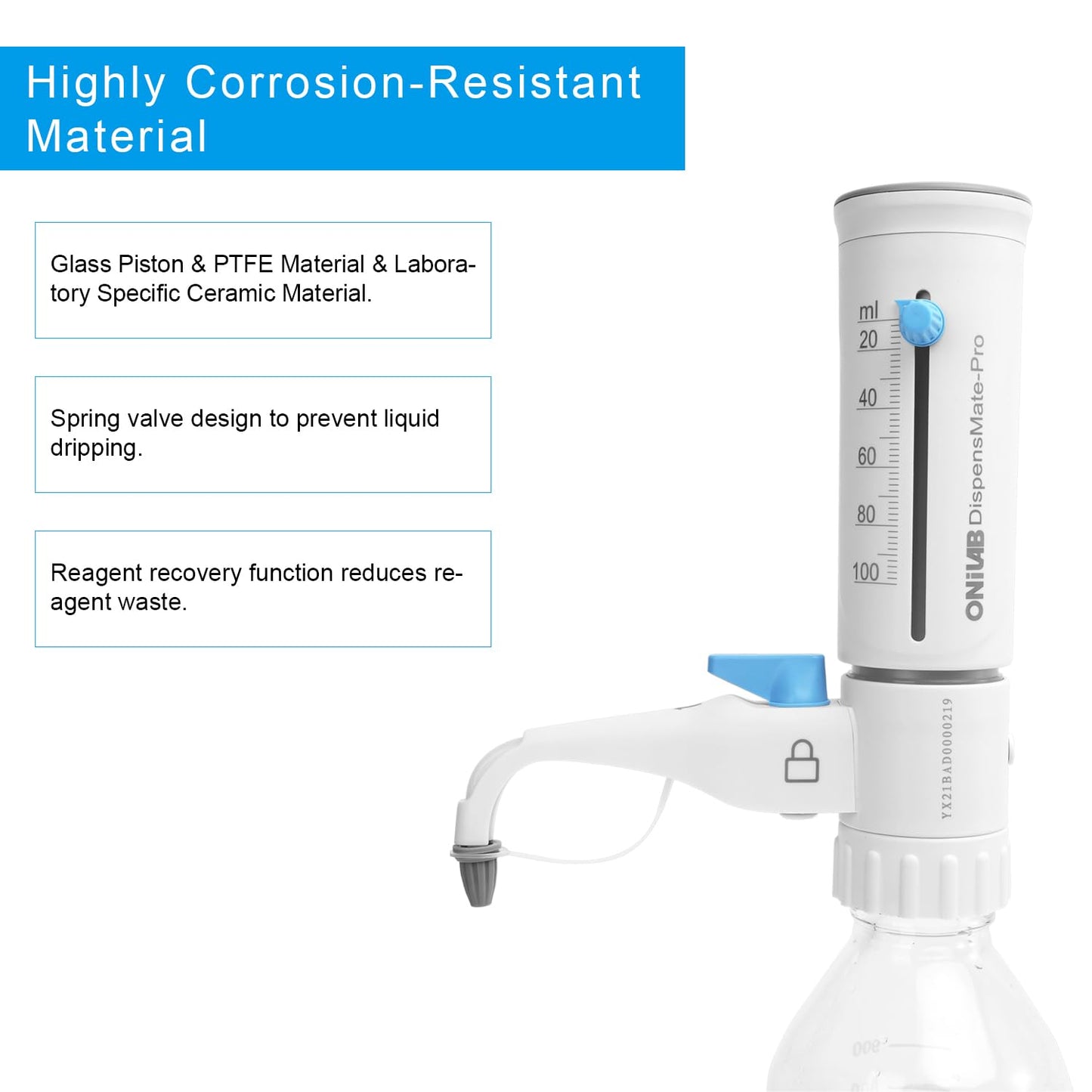 ONiLAB Bottle Top Dispenser with 1L Round Media Storage Bottle(0.5-5ml)
