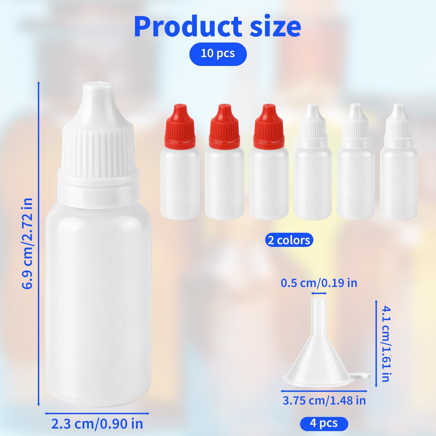 LUSTRIB 10PCS (6 Bottles + 4 Funnels) Small Plastic Dropper Bottle for Travel 15ml (0.5oz) Eye Dropper Bottle with Cap Refillable Travel Container Portable Squeezable for Liquid, (Red & White)