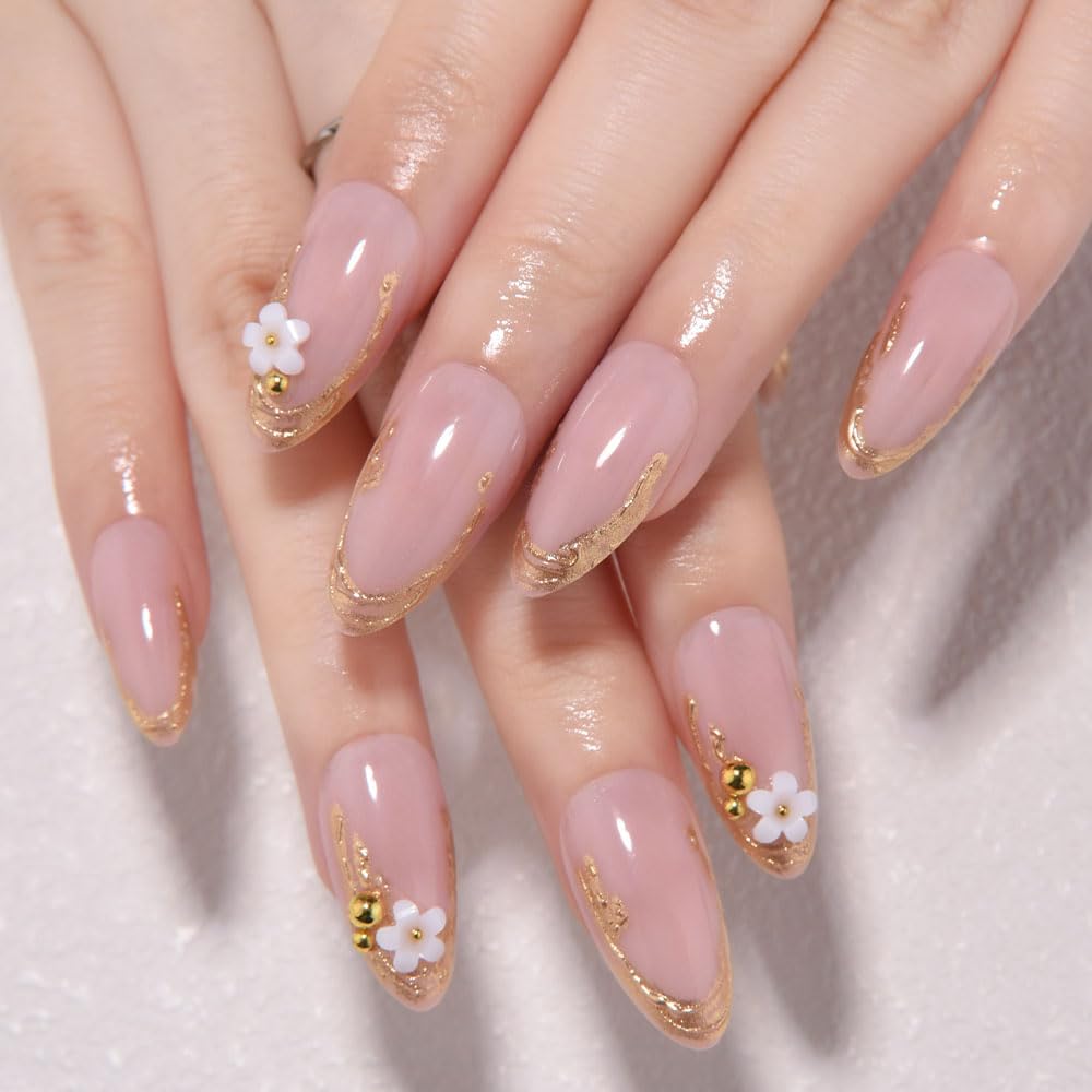 Nude Cat Eye Press-On Nails - Short Almond Shape with Gold French Tips | Reusable Soft Gel Set for Women