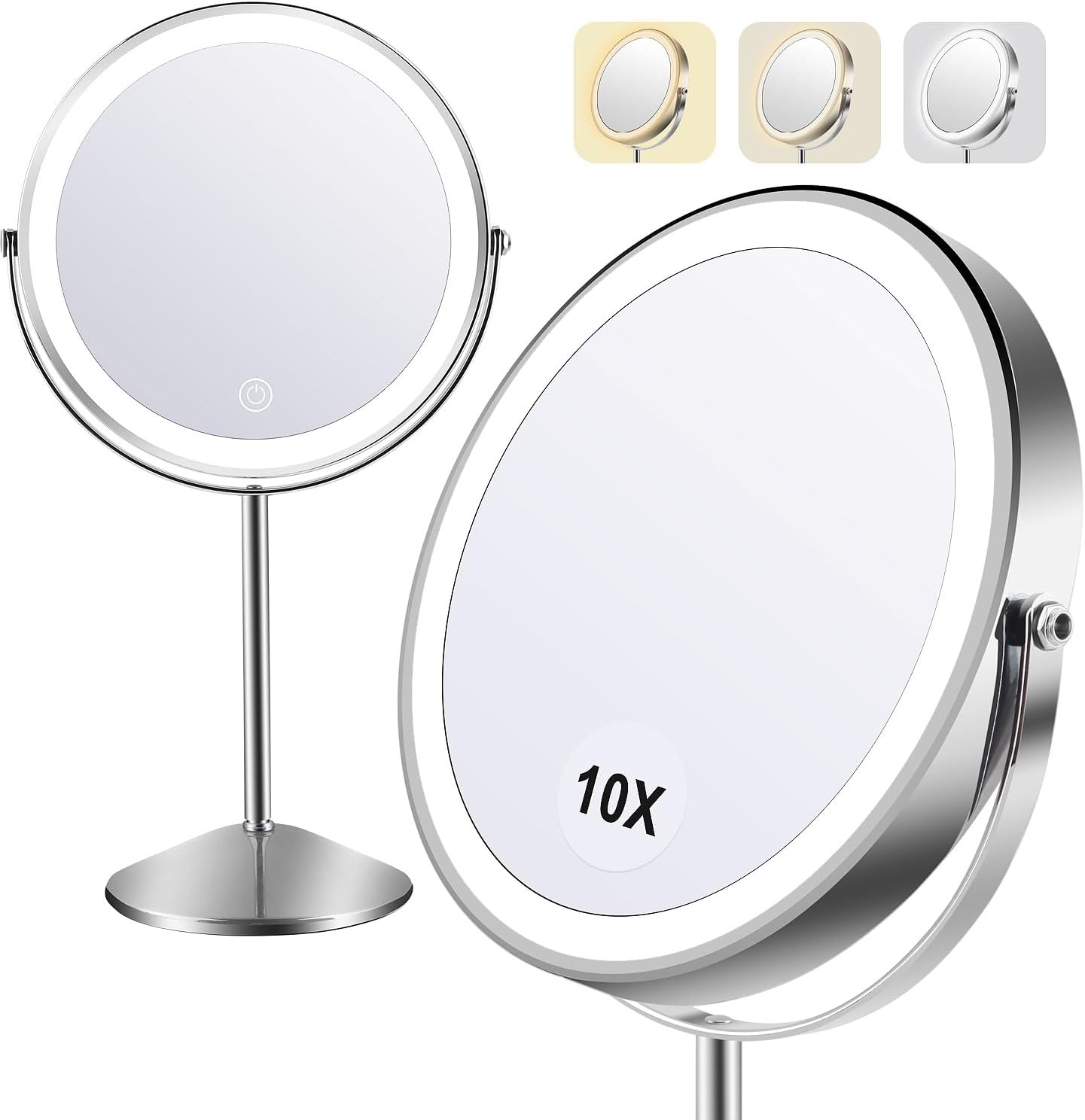 Lighted Makeup Mirror - 1x/10x Magnifying Vanity Mirror with Adjustable Brightness | 8" Round, 360° Rotation, Rechargeable